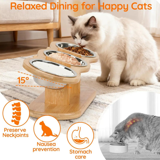 3 bols en acier inoxydable pour chats, finition bois, inclinés à 15 °