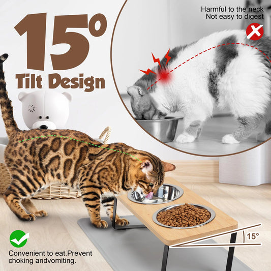 2 bols en acier inoxydable pour chats, inclinés à 15 °