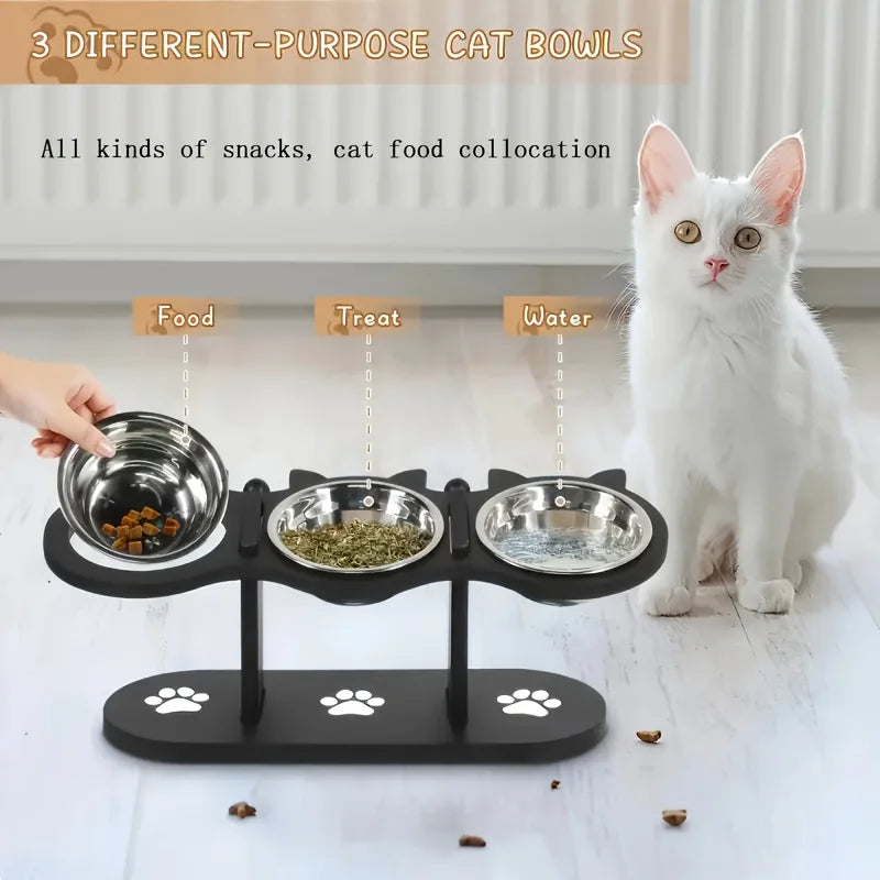 Bols pour chat surélevé à 3 niveaux avec supports en bois et acier inoxydable, support d'angle réglable à 15 degrés