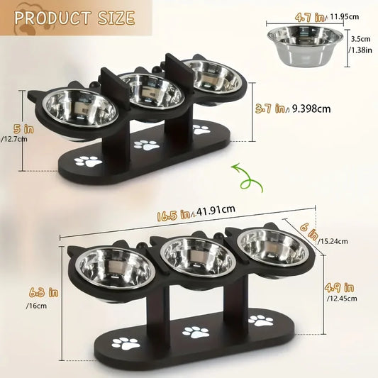 Bols pour chat surélevé à 3 niveaux avec supports en bois et acier inoxydable, support d'angle réglable à 15 degrés