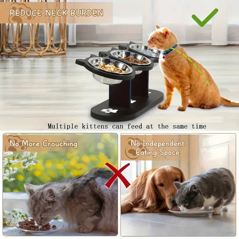 Bols pour chat surélevé à 3 niveaux avec supports en bois et acier inoxydable, support d'angle réglable à 15 degrés