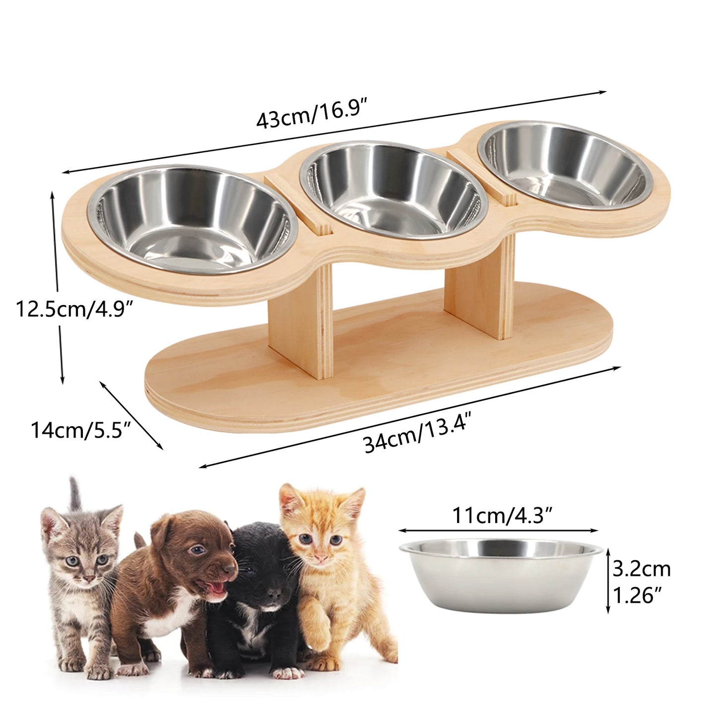 3 bols en acier inoxydable pour chats, finition bois, inclinés à 15 °
