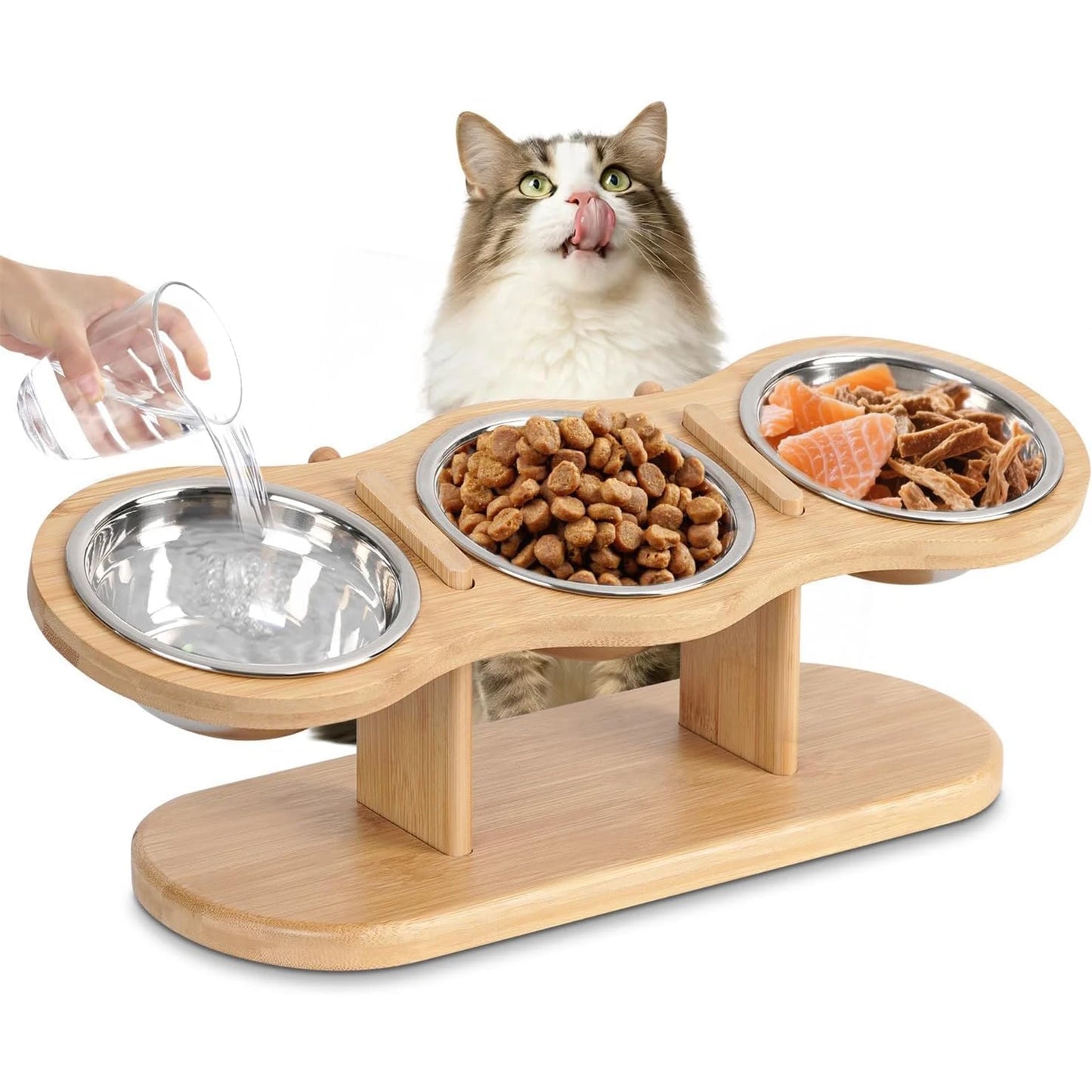 3 bols en acier inoxydable pour chats, finition bois, inclinés à 15 °
