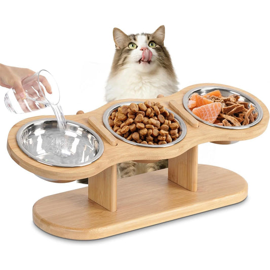 3 bols en acier inoxydable pour chats, finition bois, inclinés à 15 °