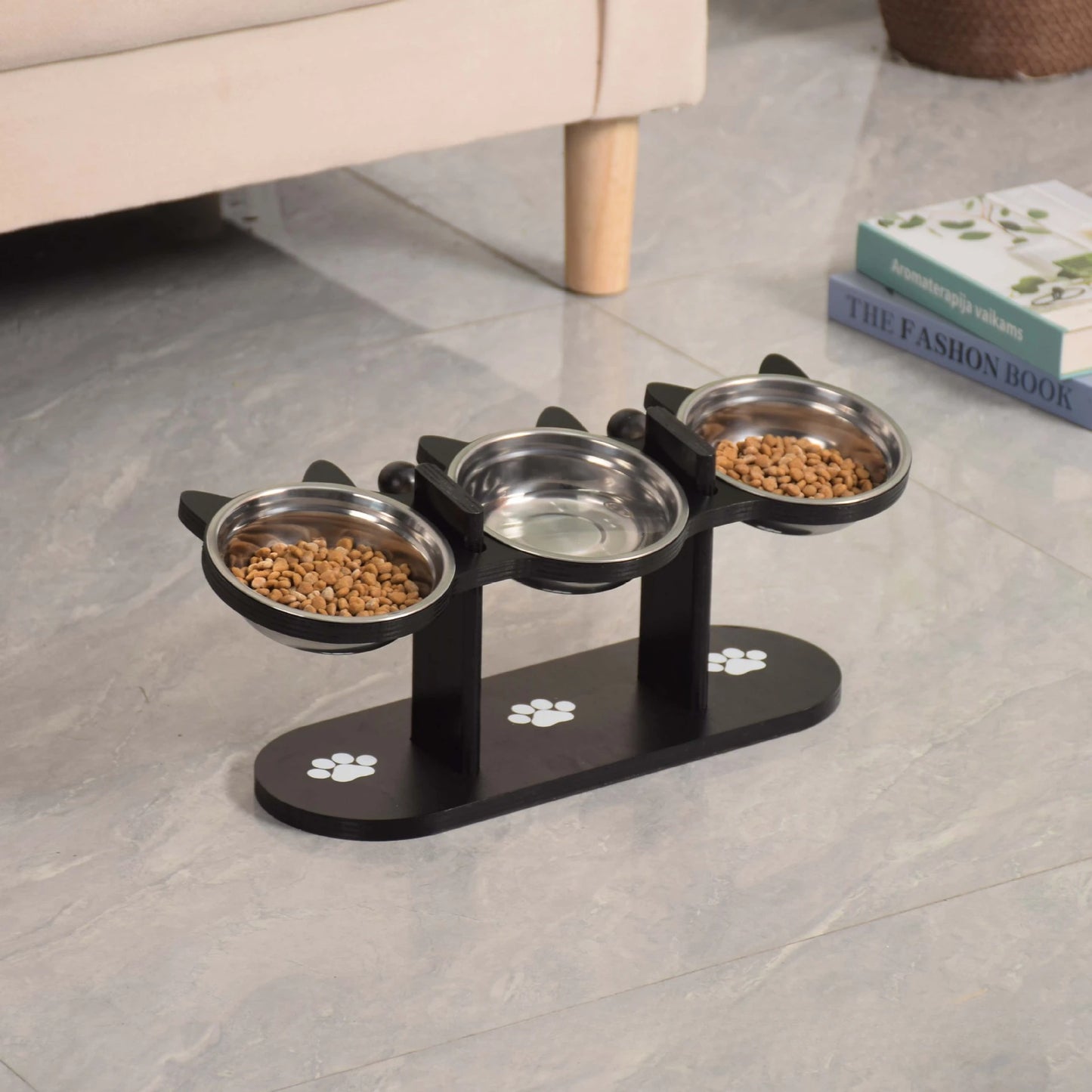 Bols pour chat surélevé à 3 niveaux avec supports en bois et acier inoxydable, support d'angle réglable à 15 degrés