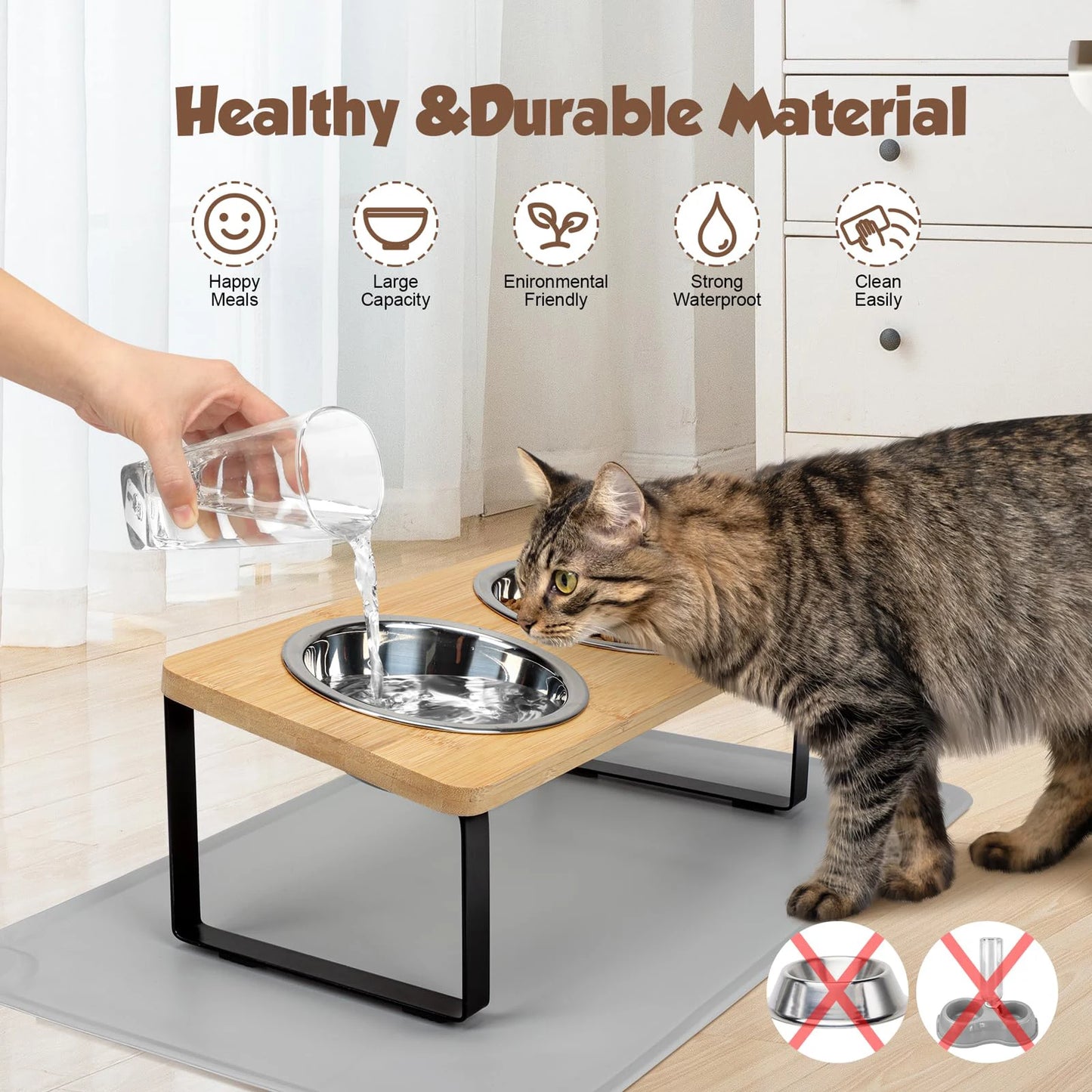 2 bols en acier inoxydable pour chats, inclinés à 15 °