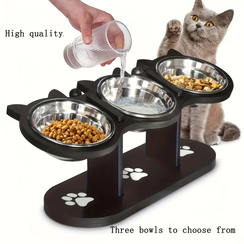 Bols pour chat surélevé à 3 niveaux avec supports en bois et acier inoxydable, support d'angle réglable à 15 degrés