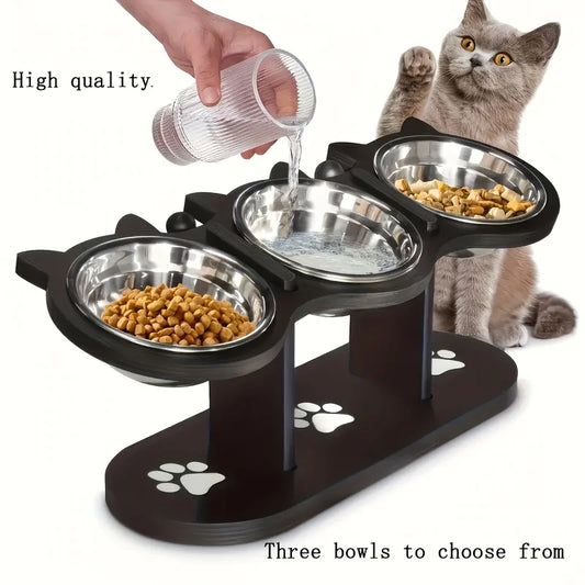 Bols pour chat surélevé à 3 niveaux avec supports en bois et acier inoxydable, support d'angle réglable à 15 degrés