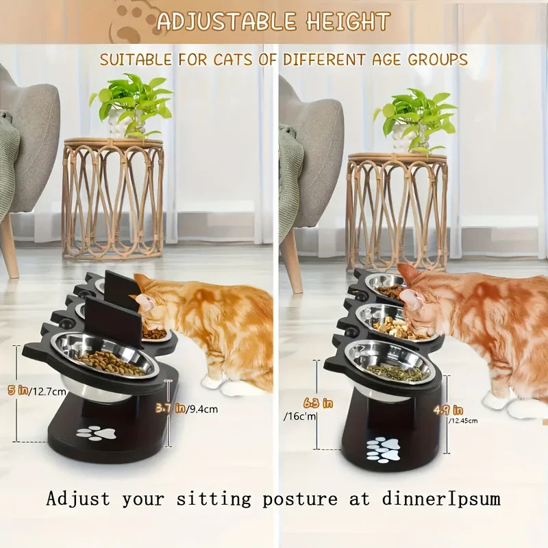 Bols pour chat surélevé à 3 niveaux avec supports en bois et acier inoxydable, support d'angle réglable à 15 degrés